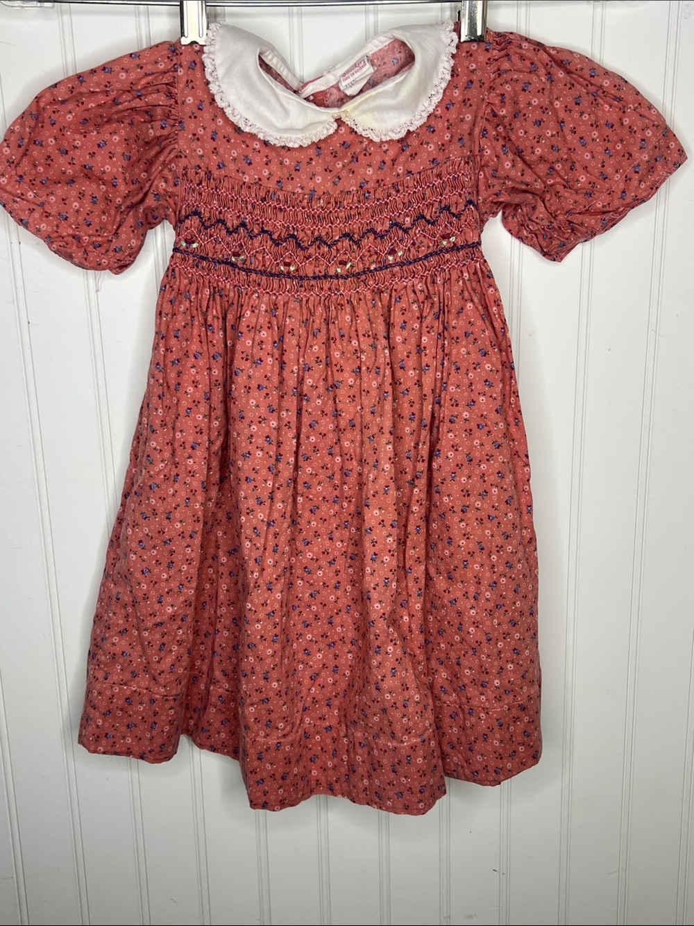 Coral Floral Smocked Girls' Dress with White Peter Pan Collar